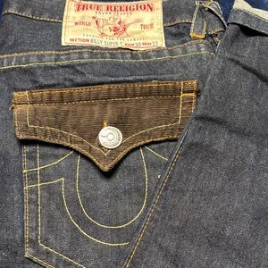 True Religion Men's Dark Blue and Brown Relaxed Jeans